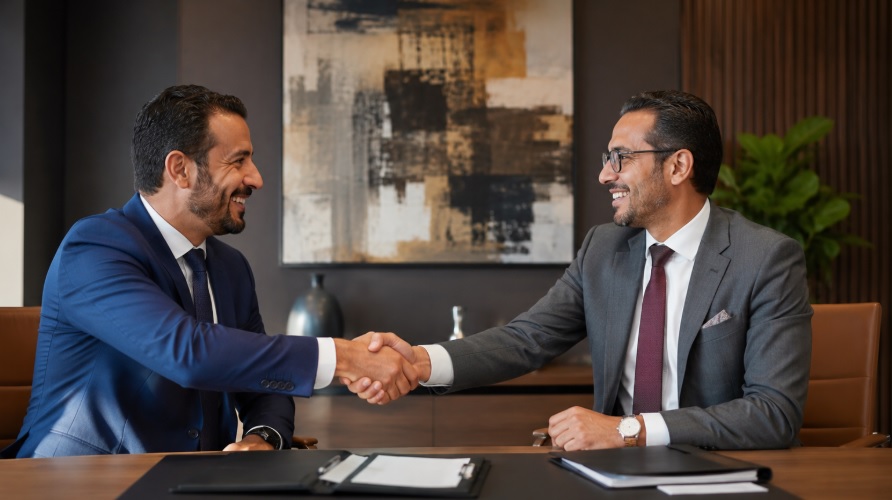 رجلان يتصافحان لتأكيد إتمام صفقة عمل داخل غرفة اجتماعات حديثة بأجواء مهنية ودافئة
