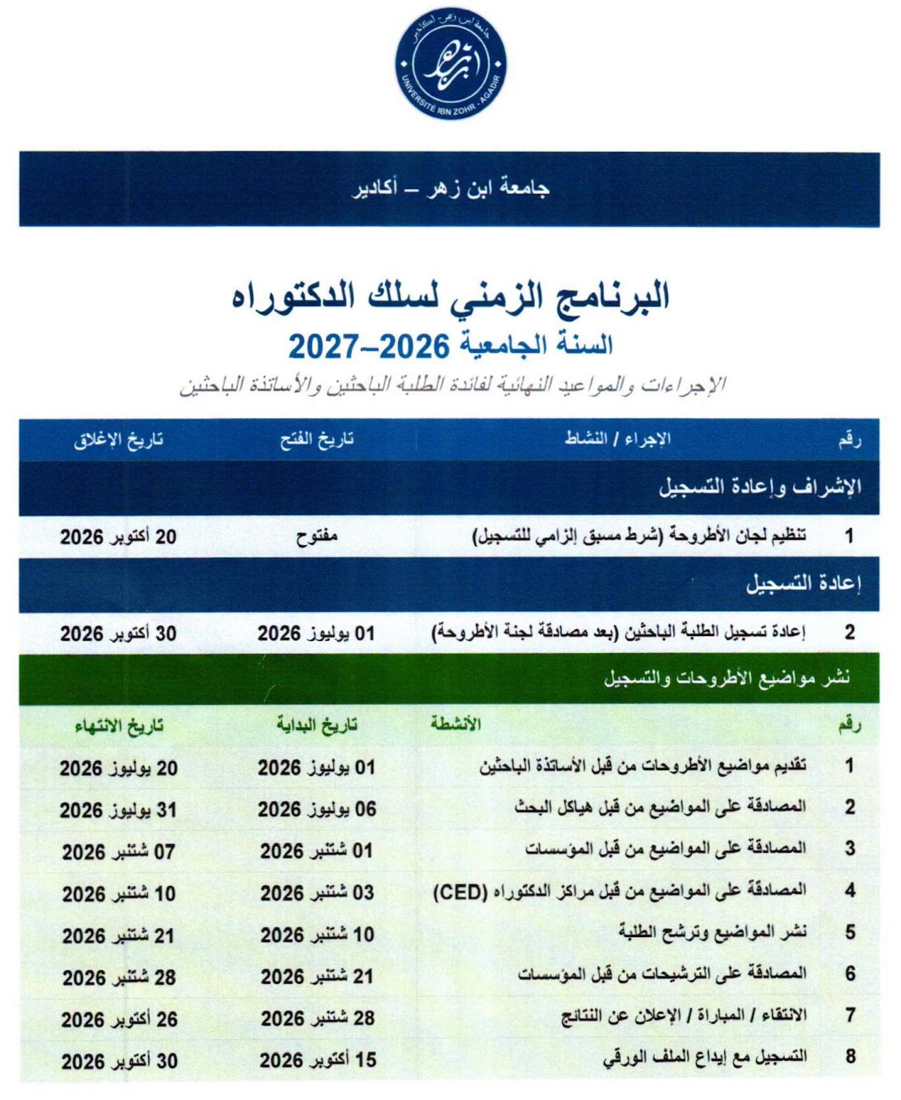 التسجيل في سلك الدكتوراه بجامعة ابن زهر اكادير 2026-2027