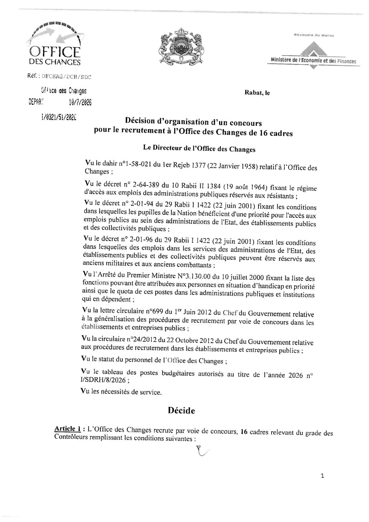 Office des Changes lance un concours de recrutement de 16 Cadres